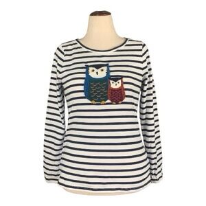 Talbots Striped Long Sleeve Tee Top Embroidered Applique Owls Cotton Medium